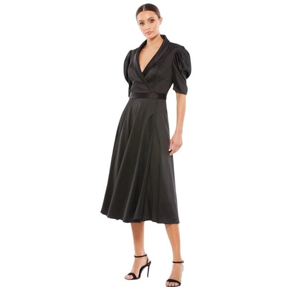 MAC DUGGAL Dress Size 4 Evening Gown Black Satin NEW Lapel Puff Sleeve Midi - Picture 1 of 8